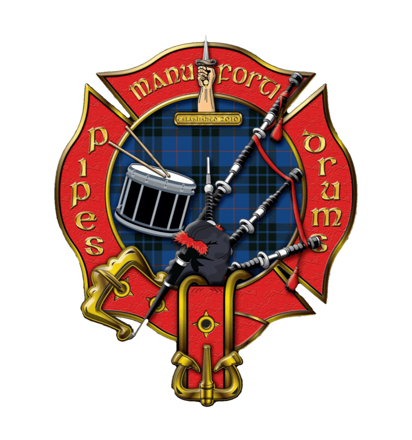 Bend Fire Pipes & Drums crest with bagpipes and a snare drum on a tartan Maltese cross